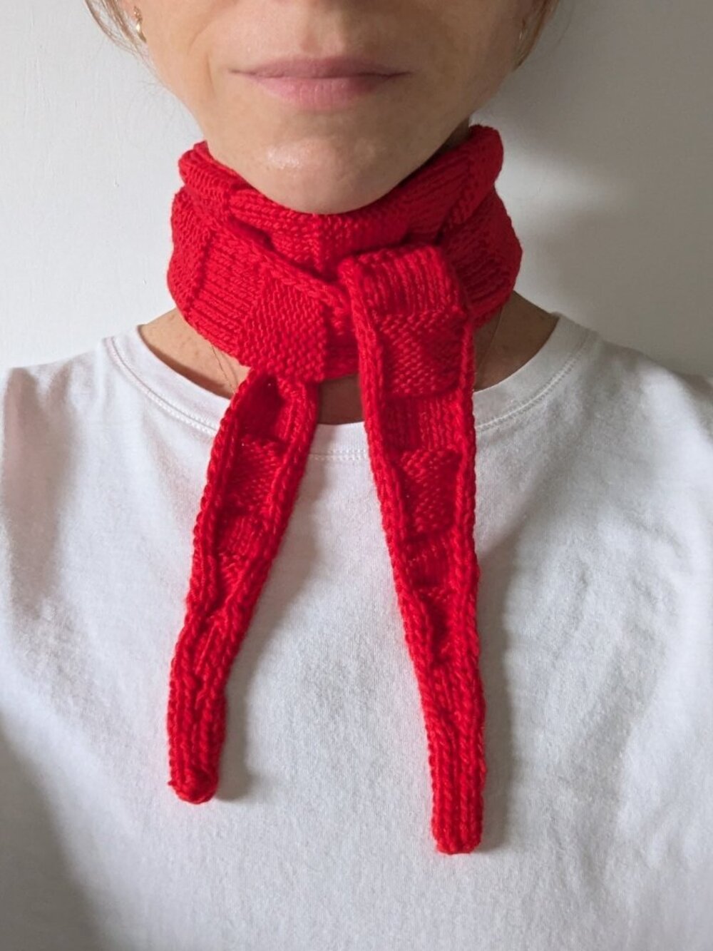 Hand Knit Red Sophie Skinny Scarf Textured Stripe Ganni Girl Romcom Core